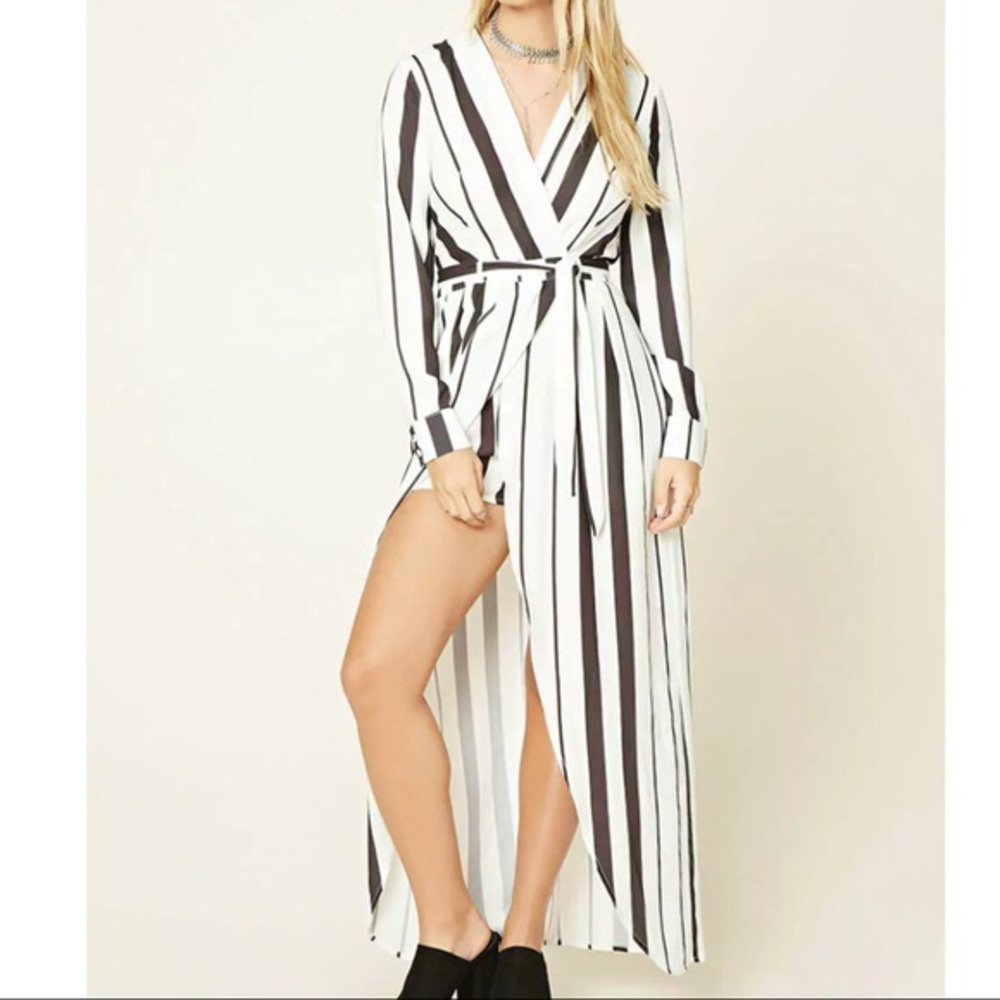 White and Navy Striped V Neck Open Romper Dress